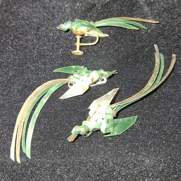 Vintage Origami Style Metal Hummingbird Brooches And screw Back Earring Set 2.5" - Picture 2 of 5